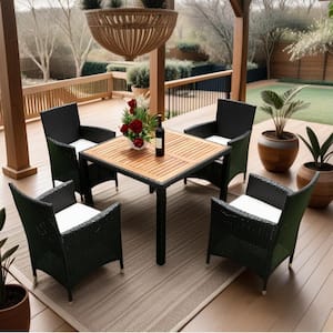 Black 5-Piece Wicker Outdoor Dining Set with Acacia Wood Top Table Cream Cushion