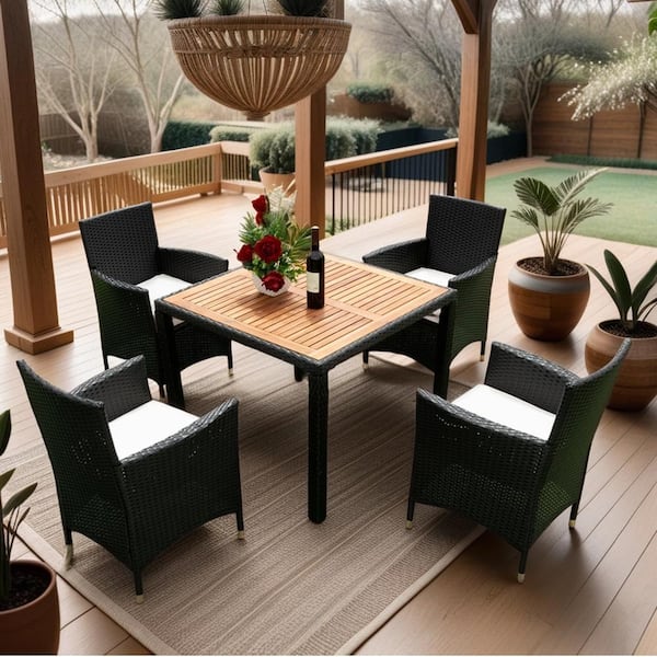 Cesicia Black 5-Piece Wicker Outdoor Dining Set with Acacia Wood Top Table Cream Cushion