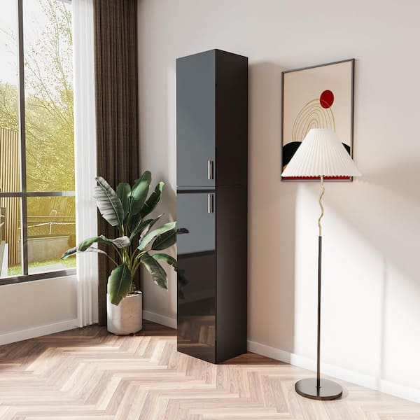 14 in. W x 12 in. D x 75 in. H Black Linen Cabinet, Freestanding Cabinet with Adjustable Shelves and Doors for Kitchen