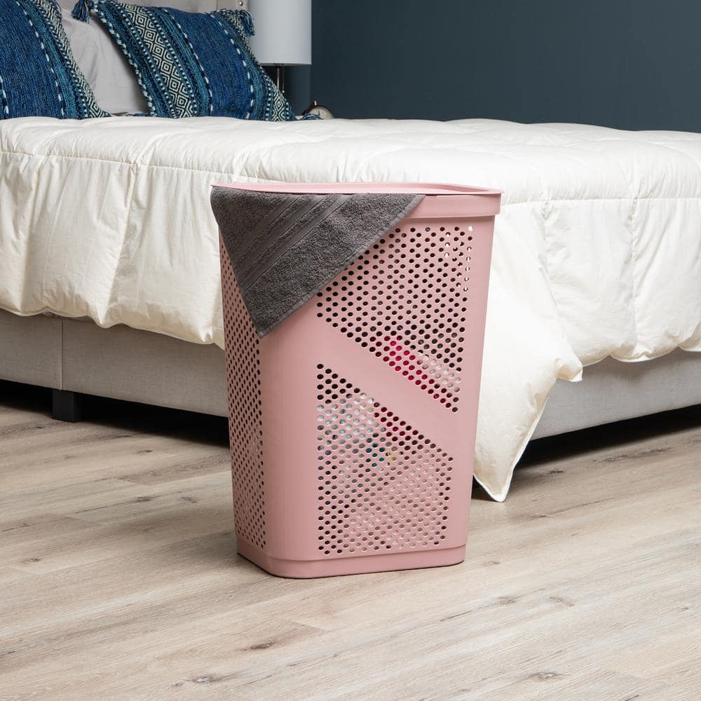 Pink Collapsible Wicker Laundry Hamper with Lid