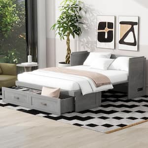 Gray Wood Frame Queen Murphy Bed with USB Ports, Large Drawers and Metal Handles