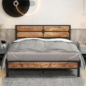 Queen Size Bed Frame with Wooden Headboard, Heavy-Duty Platform Bed with Strong Metal Slat Support, 60.6 in. W, Brown