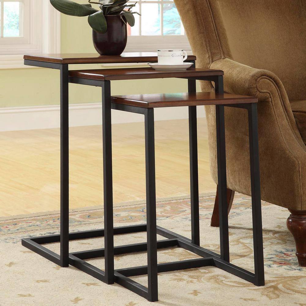 Chestnut and Black Wood Metal Nesting Tables Set of 3