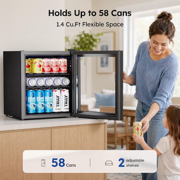 17 in. Single Zone 58-Cans Freestanding/Countertop Beverage Refrigerator Cooler Fridge in Silver, Reversible Door