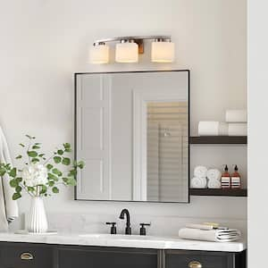 24 in. 3 Light Nickel Modern Industrial Square Vanity Light for Bathroom with Curved Arms and Milk White Shades