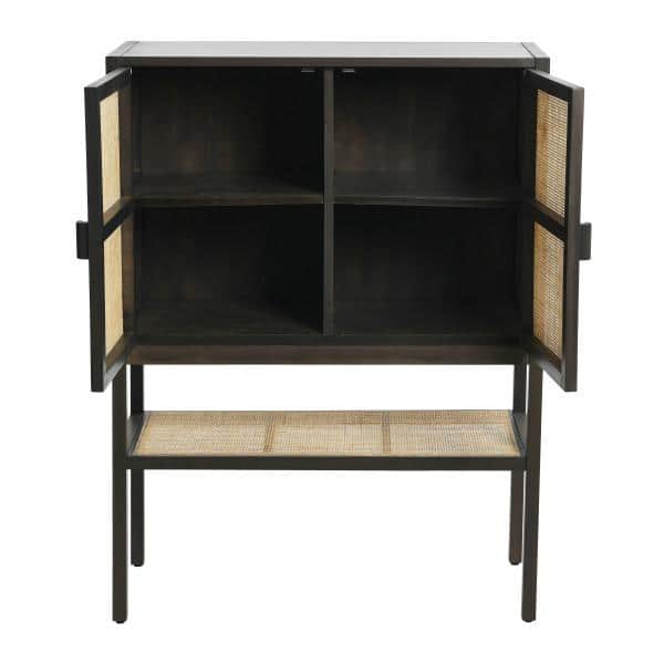 Gray Pine Wood Cabinet with Natural Rattan Details
