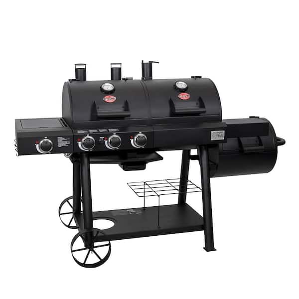 Contractie Pasen nakoming Char-Griller Texas Trio 4-Burner Dual Fuel Grill with Smoker in Black 3070  - The Home Depot