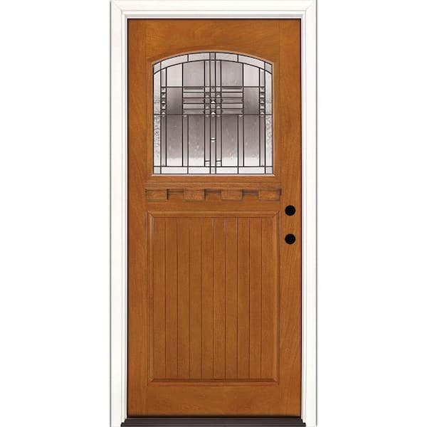 Feather River Doors 37.5 in. x 81.625 in. Monroe Patina Craft Arch 1/4 Lite Stained Honey Mahogany LH Inswing Fiberglass Prehung Front Door