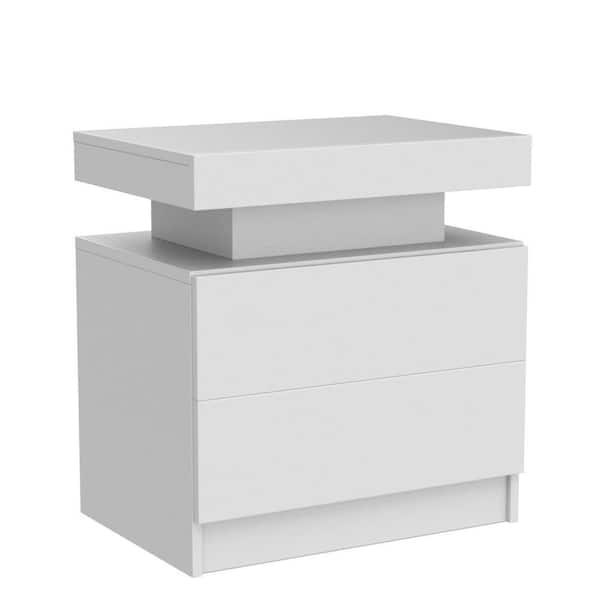 CSC DECOR INC White 2-Drawers Wood LED Nightstand Modern Bedside Table End Table with 16 LED Lightings for Bedroom Living Room