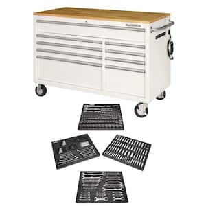 52 in. W x 25 in. D 9-Drawer Gloss White Mobile Workbench Tool Chest with Mechanics Tool Set in Foam (320-Piece)