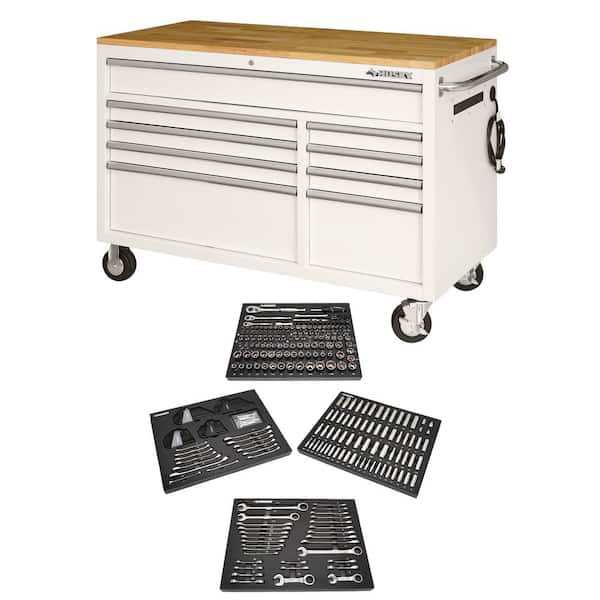 Husky 52 in. W x 25 in. D 9-Drawer Gloss White Mobile Workbench Tool Chest with Mechanics Tool Set in Foam (320-Piece)