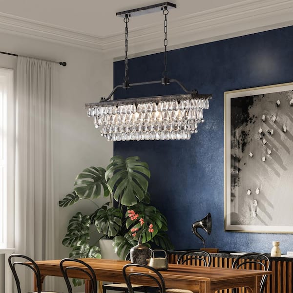 Chiara 4-Light Antique Bronze Rectangular Glam Chandelier with Clear Glass Hanging Teardrop Crystals