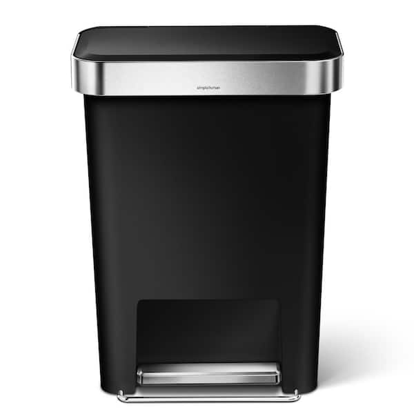 45L Rectangular Liner Rim Step Kitchen Trash Can, Black Plastic