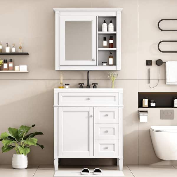 30 in. Single Sink Freestanding 2 Drawers and a Tip-Out Drawer White Bath Vanity with White Ceramic Top Mirror Cabinet