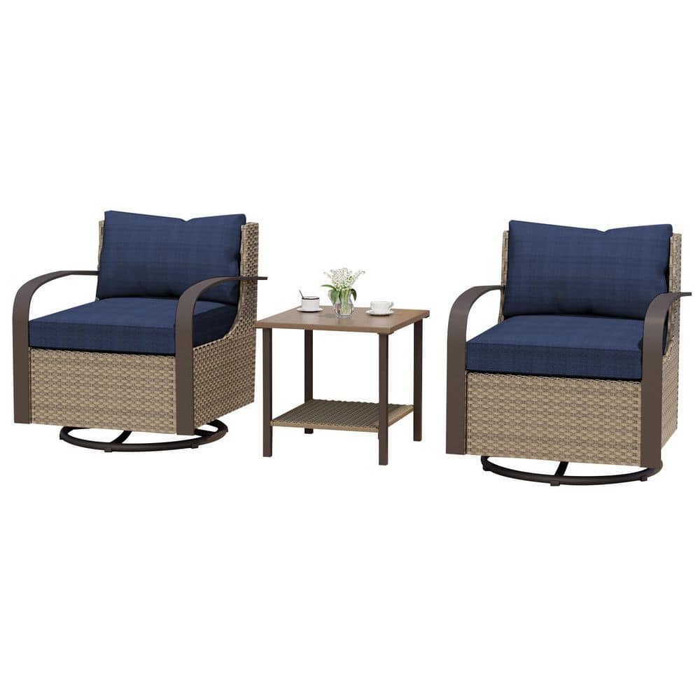 3-Piece Wicker Patio Conversation Set, Outdoor Swivel Chairs and Side Table with Blue Cushions price history on PriceWatchPro