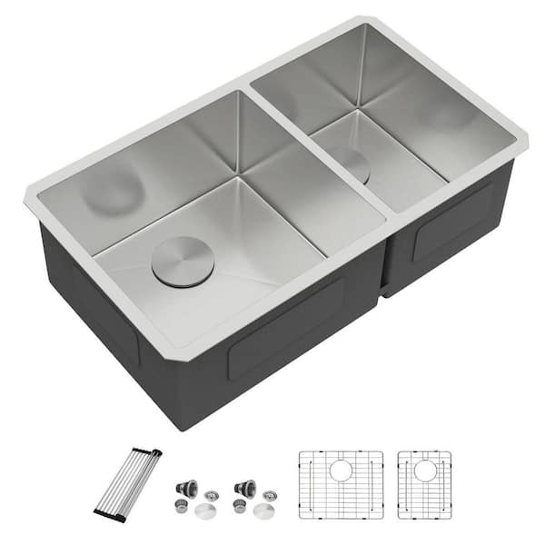 36 in. 60/40 Split Double Bowl Undermount Kitchen Sink Set, 16-Gauge 304-Stainless Steel, Round Corner With Accessories