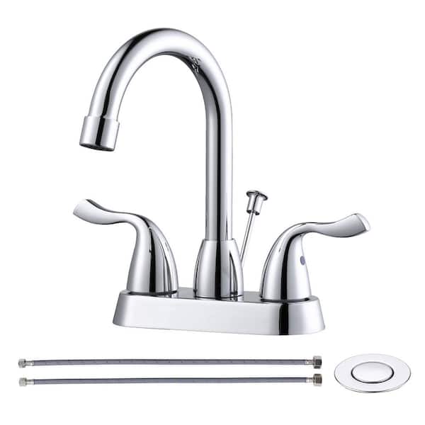AVITAS Modern Double Handle 4 in. Centerset High Arc Bathroom Faucet with Lift Rod Drain Assembly in Polished Chrome