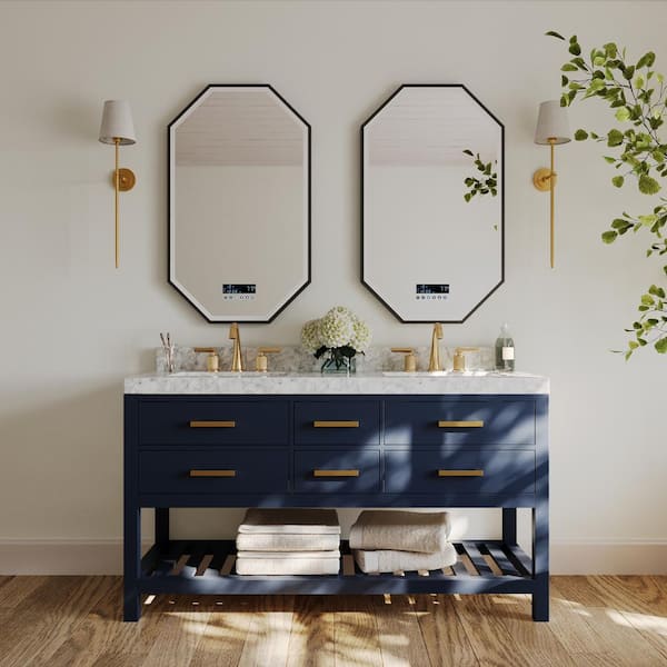 Ancerre Designs Elizabeth 60 in. W x 22 in. D Bath Vanity in Heritage Blue w/ White Marble Vanity Top w/ White Basin and Gold Hardware