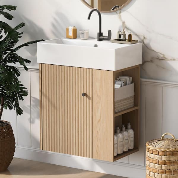 22in. Floating Single Sink Natural Oak Bath Vanity with White Ceramic Top