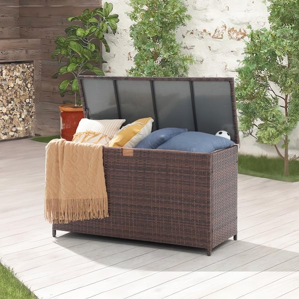 Yangming 120 Gal. Brown Wicker Aluminum Frame Outdoor Storage Bench Patio Storage Box with Weather Resistant