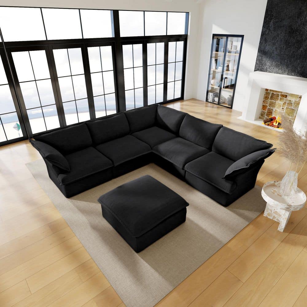 122.82 in. Flared Arm 6-Piece Linen Down Couch Free Combination Modular Sectional Sofa with Storage Ottoman in Black