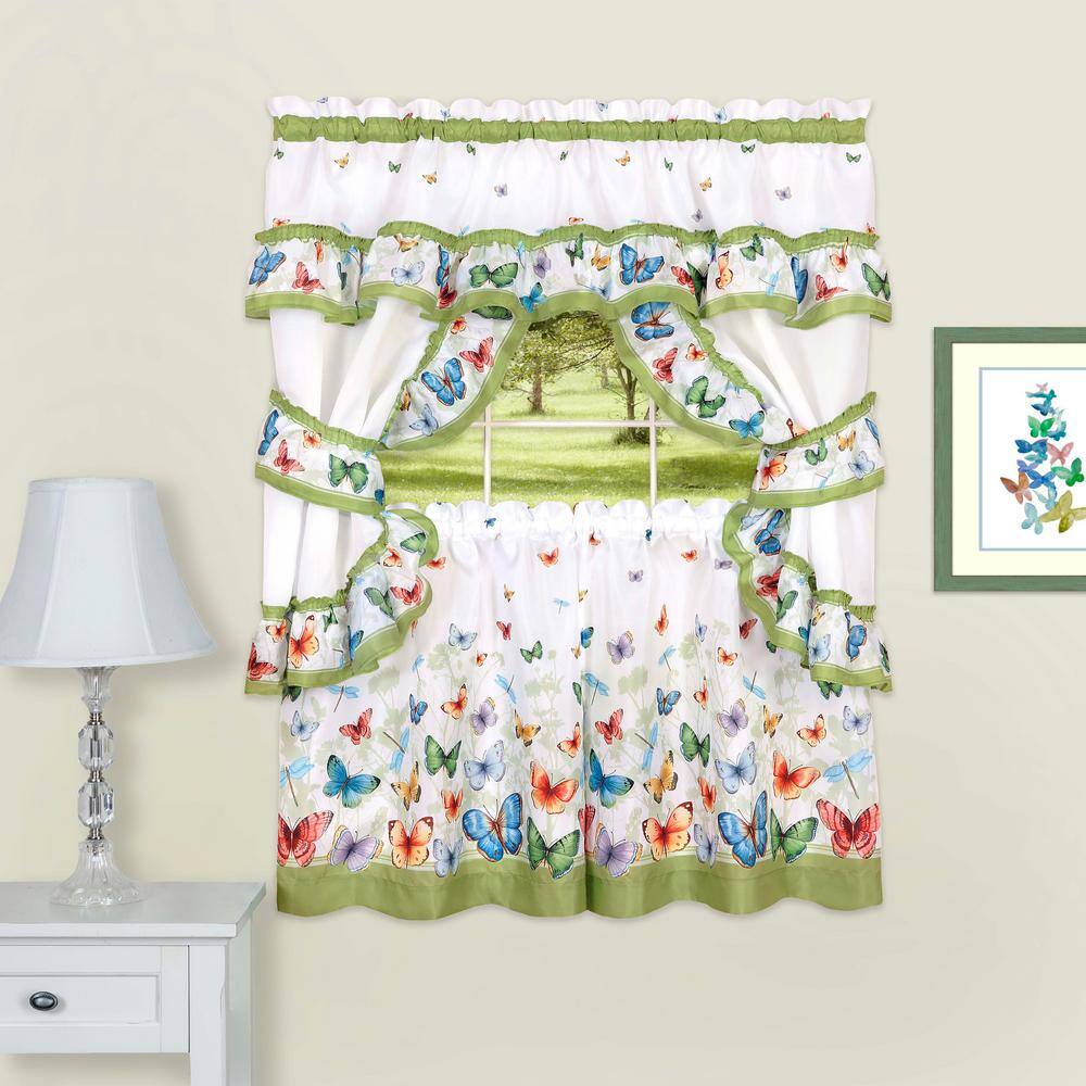 White and Green Butterfly Print Polyester Kitchen Tier Curtains