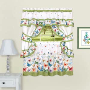 Butterflies Green Polyester Light Filtering Rod Pocket Cottage Curtain Set 57 in. W x 24 in. L