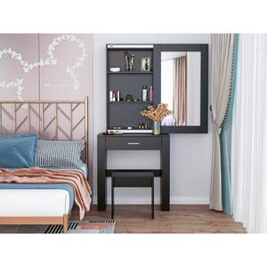 28.75 in. W x 15.56 in. D x 67 in. H Black Linen Cabinet with Drawer, Vanity Desk, Mirror and Stool
