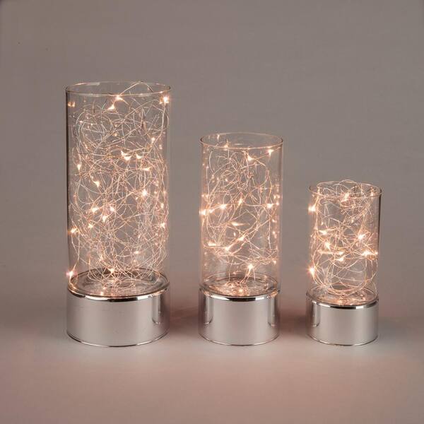 Everlasting Glow Clear Glass Hurricane Jars with Micro LED String Light (3-Pack)
