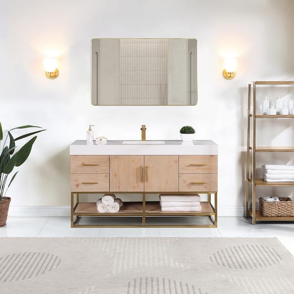 Altair Bianco 60S in. W x 22 in. D x 34 in. H Single Sink Bath Vanity in Light Brown with White Composite Stone Top and Mirror