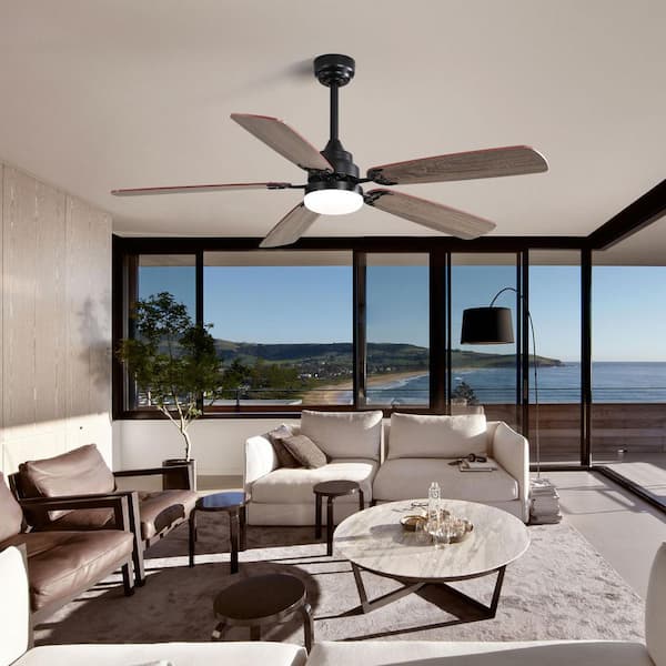 52 in. Smart Indoor Black 6-Speed Walnut Brown 2-Color Blades Downrod or Flush Mount Ceiling Fan with 3-Color LED Light