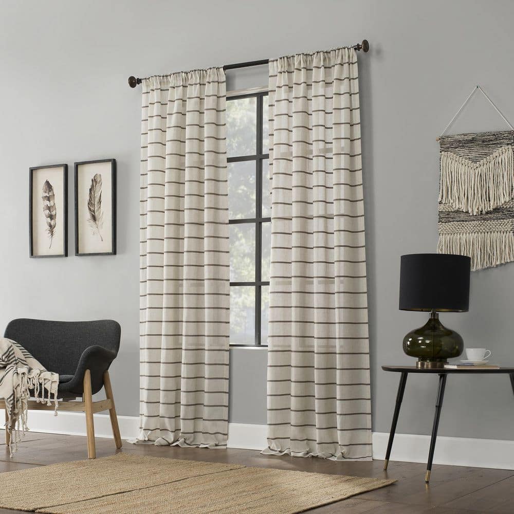 Mocha Linen Blend Sheer Twill Stripe Curtain Panel