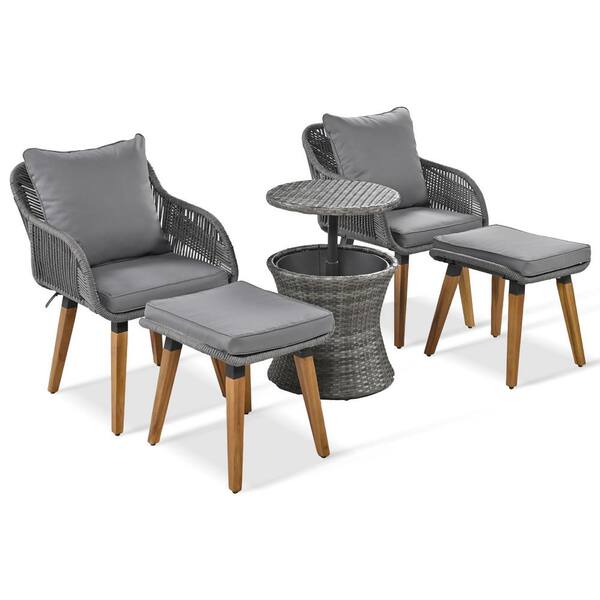 Zeus & Ruta 5-Piece Wicker Patio Conversation Set with Cool Bar Table, Ottomans and Gray Cushions for Porch, Balcony, Poolside