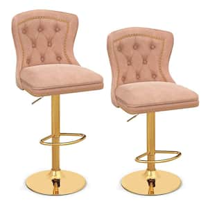 26.5 in. adjustable Pink Metal Bar Stool with Dutch Velvet Seat Footrest Metal Base Anti-Slip Ring Pink (Set of 2)