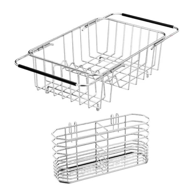 15.08 in. to 20.59 in. Adjustable Dish Drying Rack in Sink, Stainless Steel Expandable Dish Rack with Utensil Holder