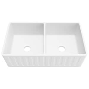 Roine White Solid Surface 33 in. Double Bowl Farmhouse Apron Kitchen Sink with Reversible Front