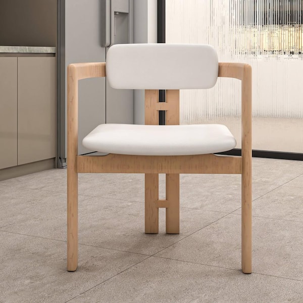 Velo Upholstered Leather Dining Chair with Open Back and Wood Legs Set of 2 in White