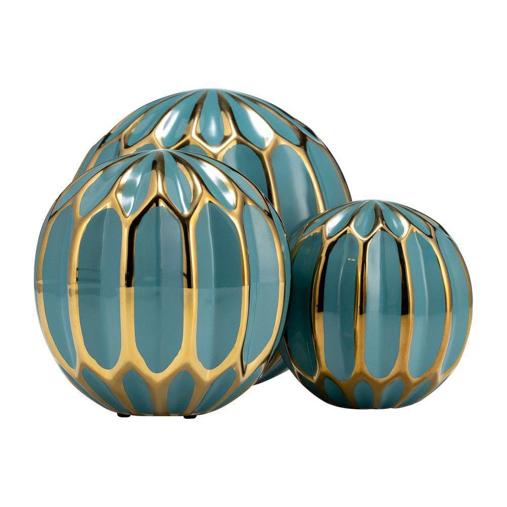 Set of 3 Turquoise and Gold Ceramic Decorative Orbs