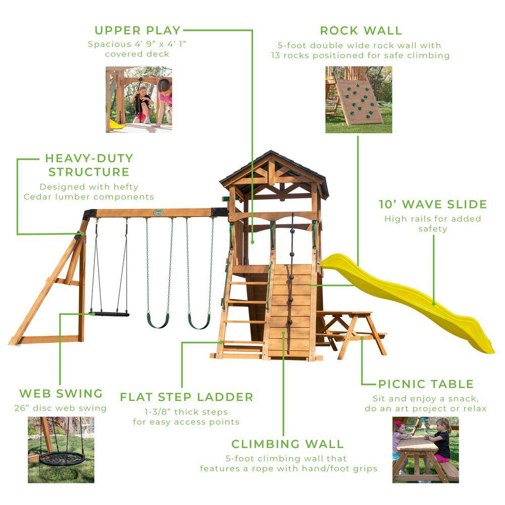 Endeavor II Cedar Wood Swing Set with Yellow Slide and Picnic Table