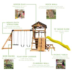 Endeavor II All Cedar Wood Children's Swing Set Playset with Elevated Clubhouse Yellow Wave Slide and Picnic Bench