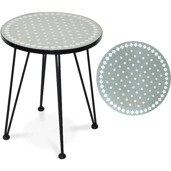 Cesicia Morden 17.7 in. Metal Round Outdoor Side Table Dining Table with Tile Table Top for Balcony Porch Outdoor Benches