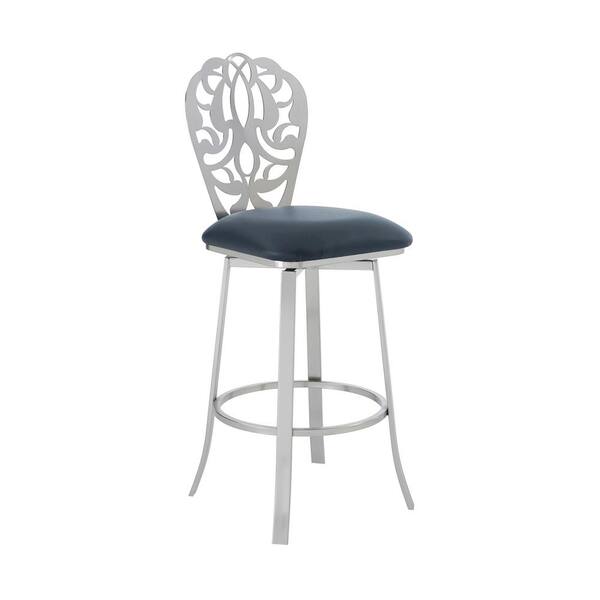Armen Living Aletris Contemporary 26 in. Counter Height in Brushed Stainless Steel Finish and Grey Faux Leather Bar Stool