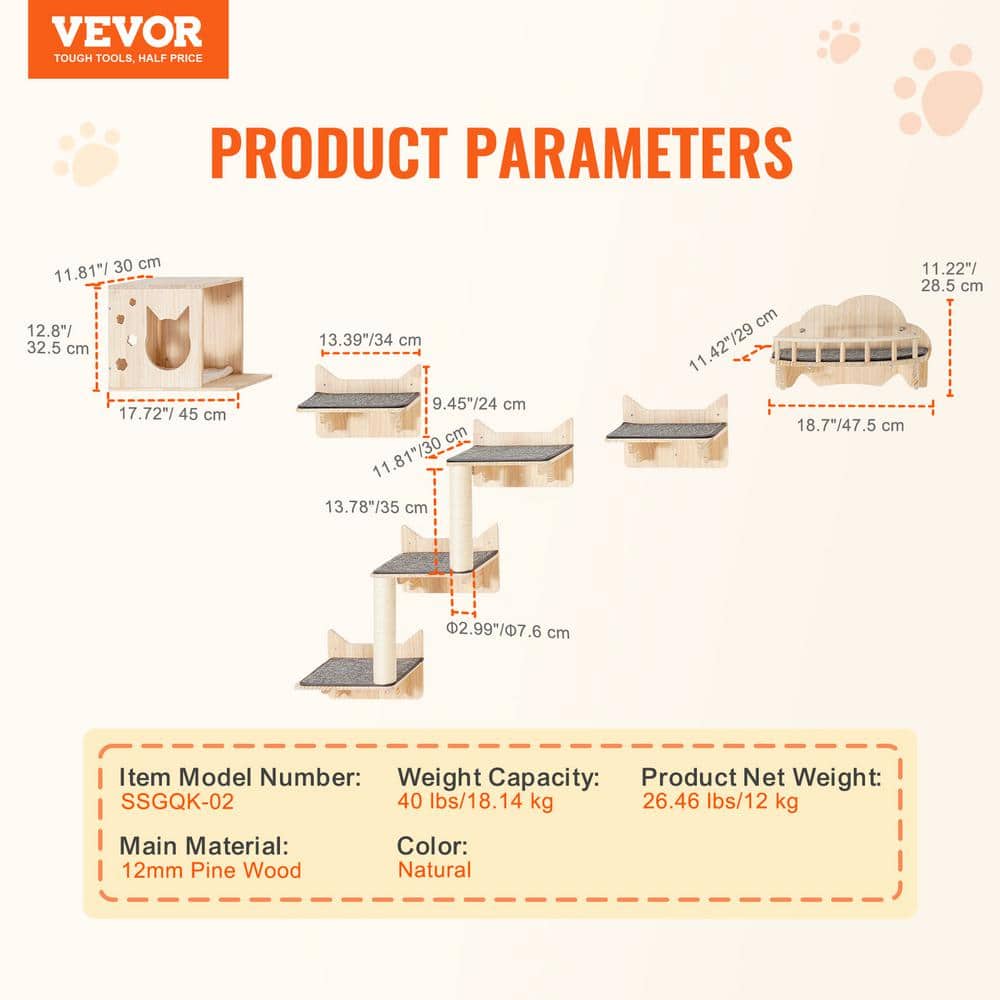Natural Pine Wood Wall Mounted Cat Playground Set