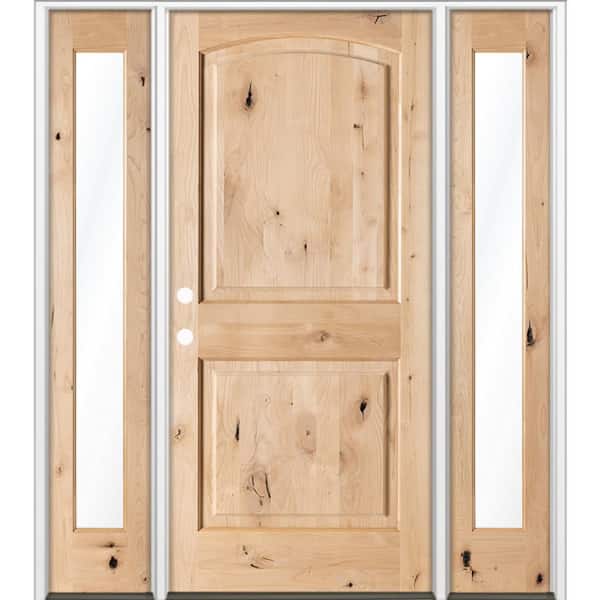 70 in. x 96 in. Knotty Alder 2-Panel Arch-Top Right-Hand/Inswing Clear Glass Unfinished Wood Prehung Front Door DFSL