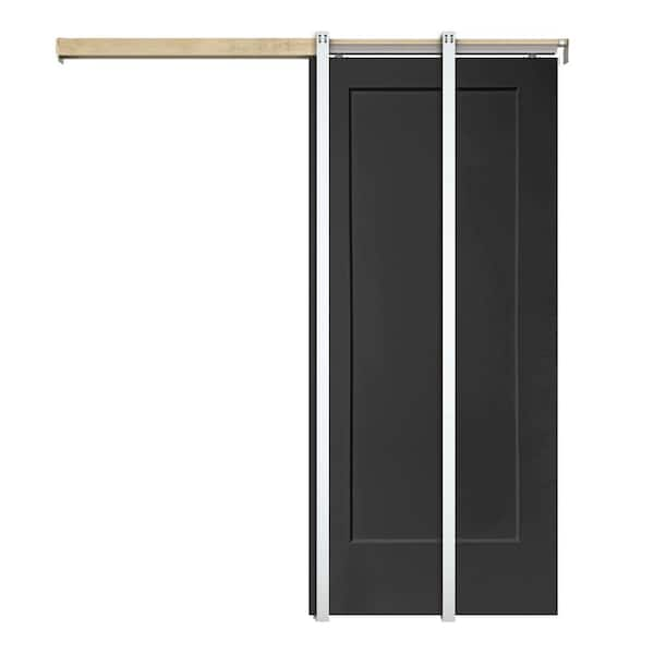 36 in. x 80 in. Black Painted Composite MDF 1Panel Interior Sliding Door with Pocket Door Frame and Hardware Kit