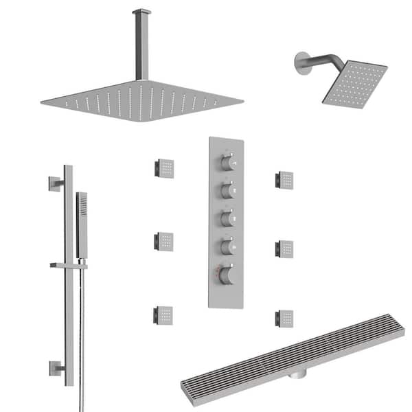 Thermostatic Valve 15-Spray 16 and 6 in. Dual Shower Head Shower System with Shower Drain in Brushed Nickel