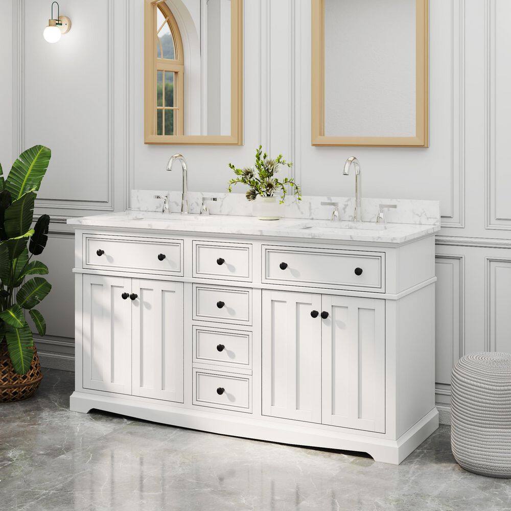60 in. W x 20.5 in. D x 33.5 in. H Double Sink Freestanding White Bath Vanity w/ White Engineered Stone Top (Assembled) price history on PriceWatchPro