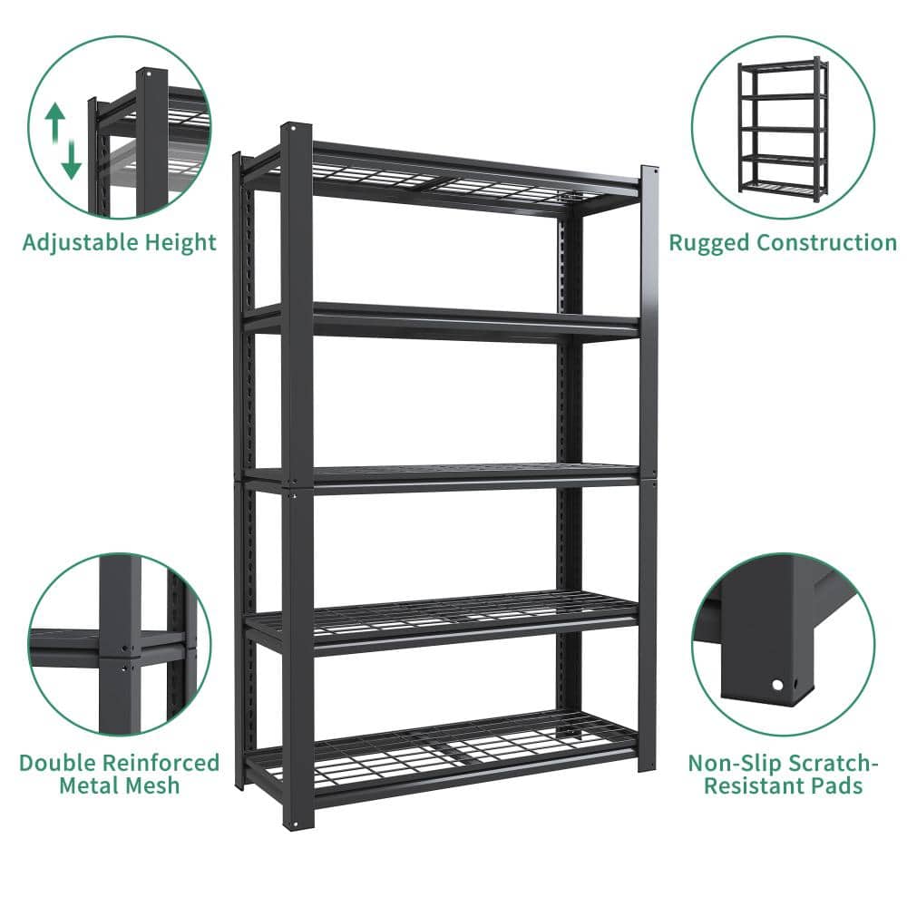 Feature highlights of the Huluwat black mesh shelving unit including adjustable height and reinforced mesh.