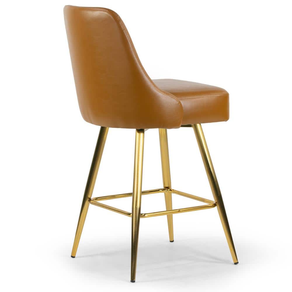 Set of 2 Light Brown Upholstered Iron Frame Counter Stools with Golden Legs