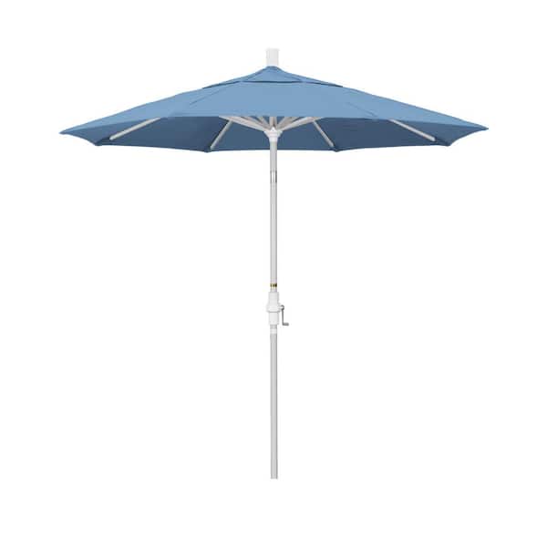 California Umbrella 7.5 ft. Matted White Aluminum Market Patio Umbrella Collar Tilt Crank Lift in Air Blue Sunbrella